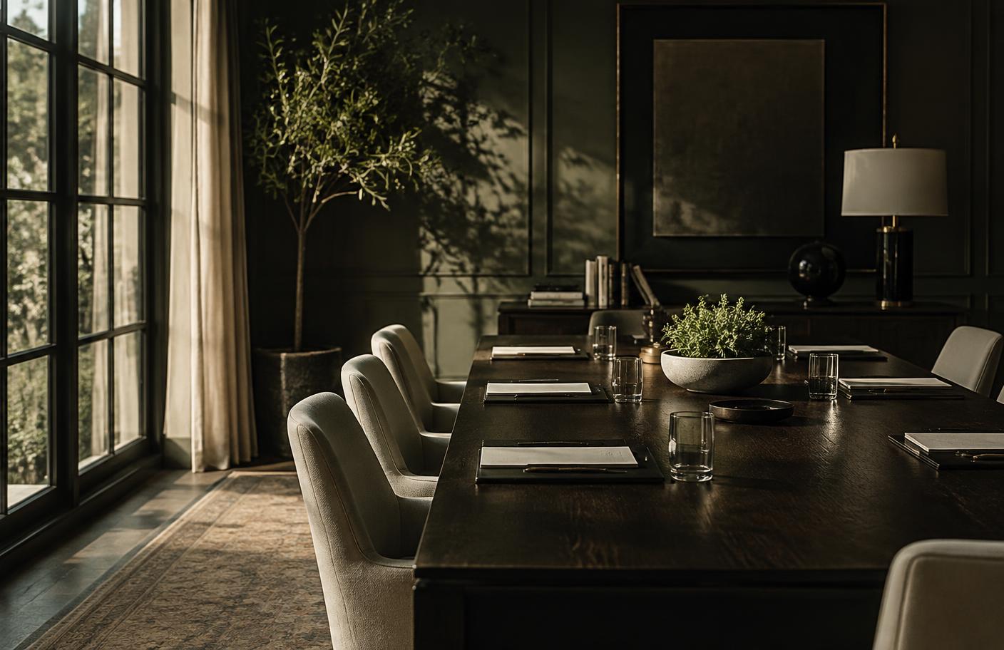 An intimate boardroom with warm natural light