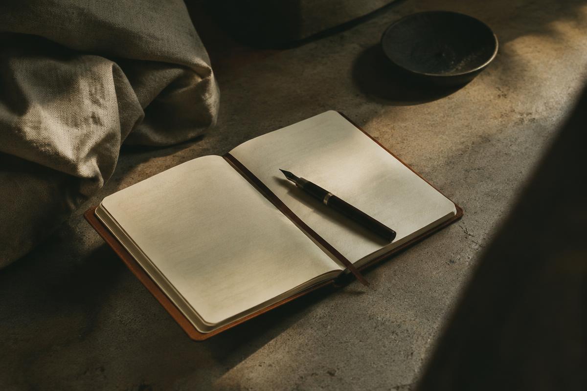 An open notebook and pen in warm window light