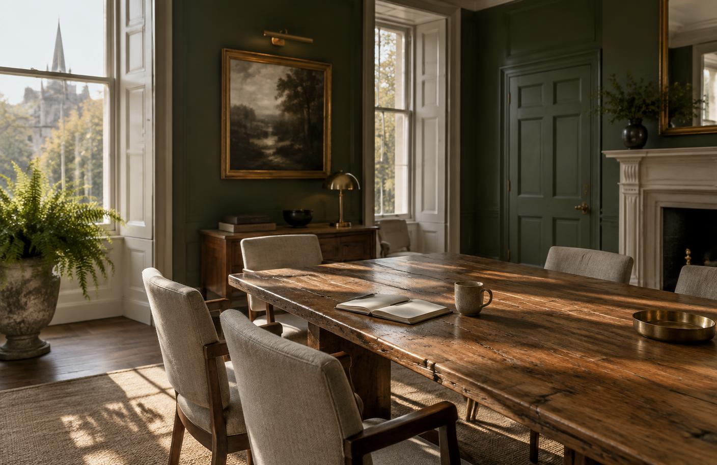 A quiet boardroom in warm morning light