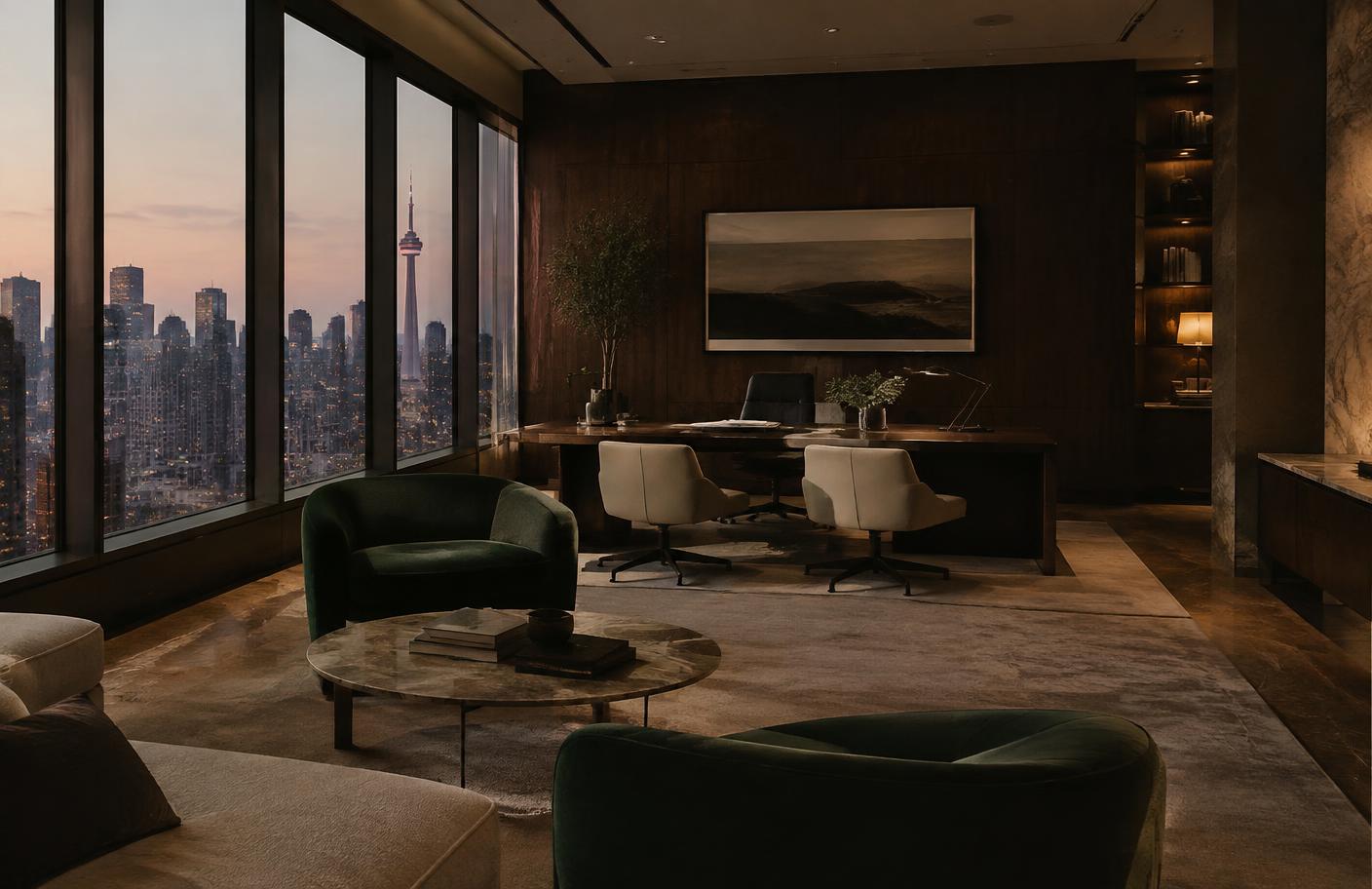 A quiet Toronto office at dusk